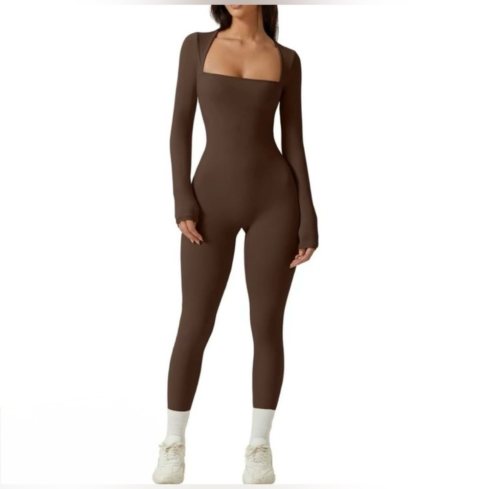 Qinsen‎ Women’s Square Neck Brown Long Sleeve Bodycon Stretch Jumpsuit Large NWT